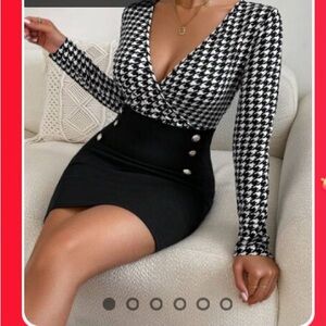 Chic Houndstooth Long Sleeve Dress